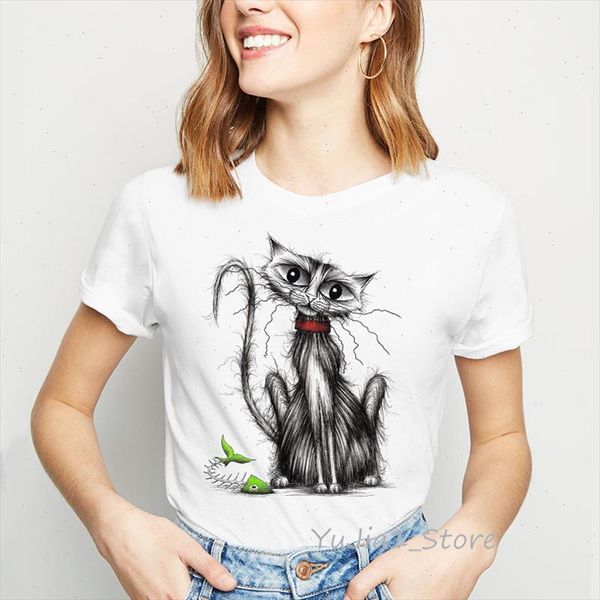 

sketch cat and fish print funny t shirts women vintage shirt animal print tshirt summer tee shirt femme aesthetic clothes, White