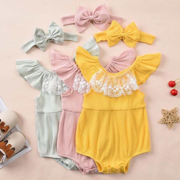 

jumpsuits est infant baby girls fashion lace sleeve ribbed solid clothes romper hairband outfits jumpsuit for toddler, Blue