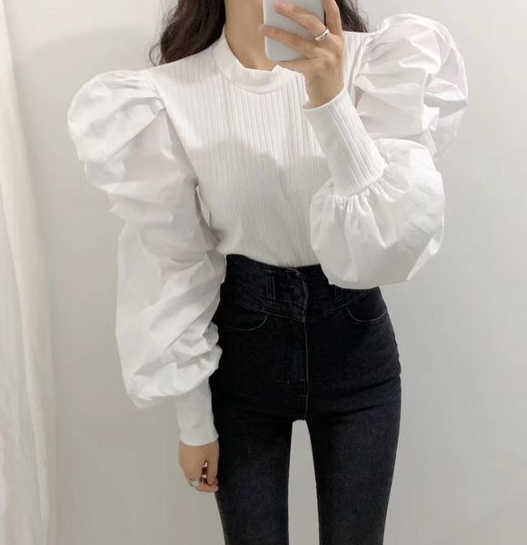 

women's sweaters womens long puff sleeve blouse shirts spring solid fashion female chic sweater knit blouses clothes jk483, White;black