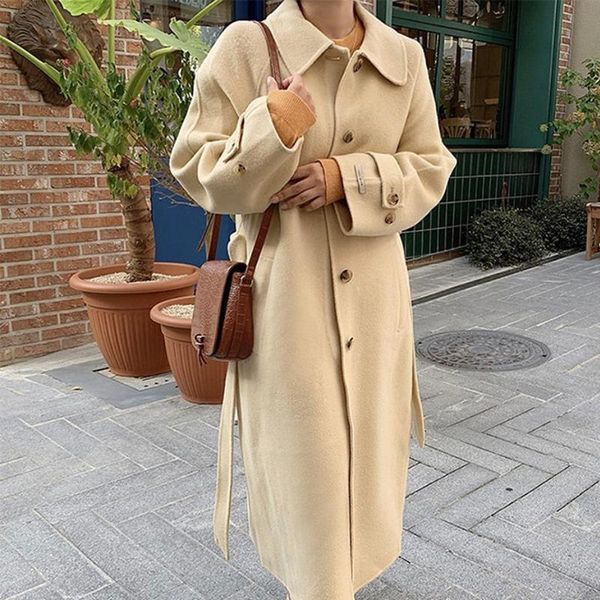 

women's wool & blends 2021 korea winter high end handmade long loose double sided woolen overcoat women single breasted belt plus size, Black