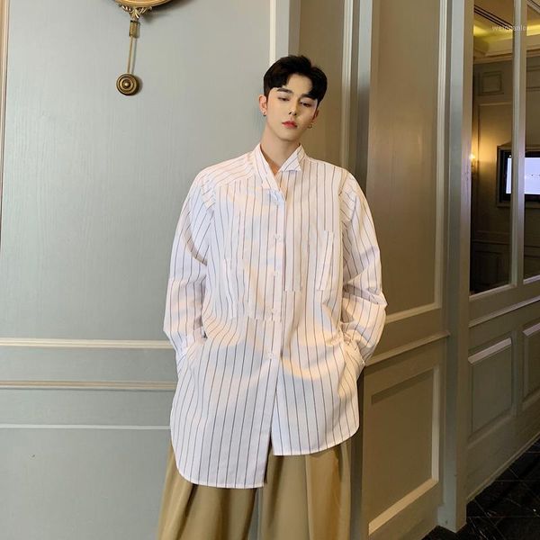 

men autumn long sleeve vintage striped casual shirts asymmetry design male women long style streetwear hip hop fashion shirts1, White;black