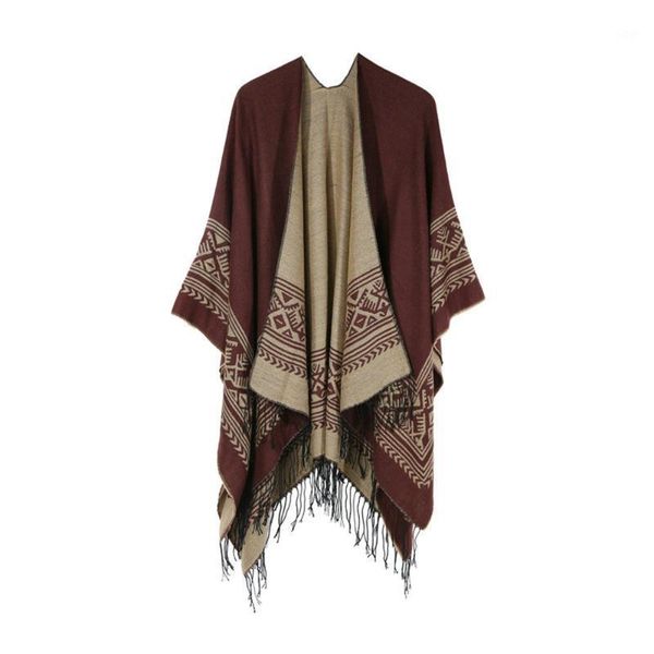 

autumn women's cardigan sweaters tassel shawl cape jacket long sleeve open stitch folk-custom pattern loose winter coat1, Black;brown