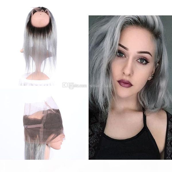 

ombre color 1b grey straight 360 lace band frontal sliver grey dark root 1b grey pre plucked 360 lace band frontal, Black;brown