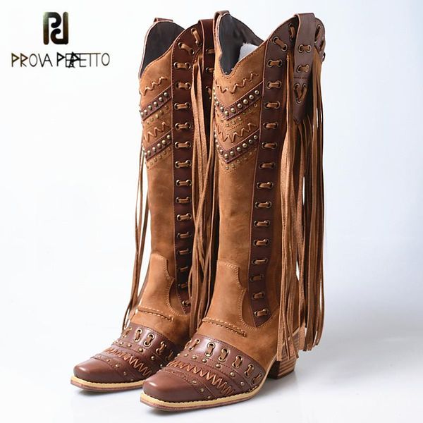 

prova perfetto genuine leather hand-made women mid-calf boots mixed colors fringe pointed toe crude heel slip-on lady boots 2020, Black