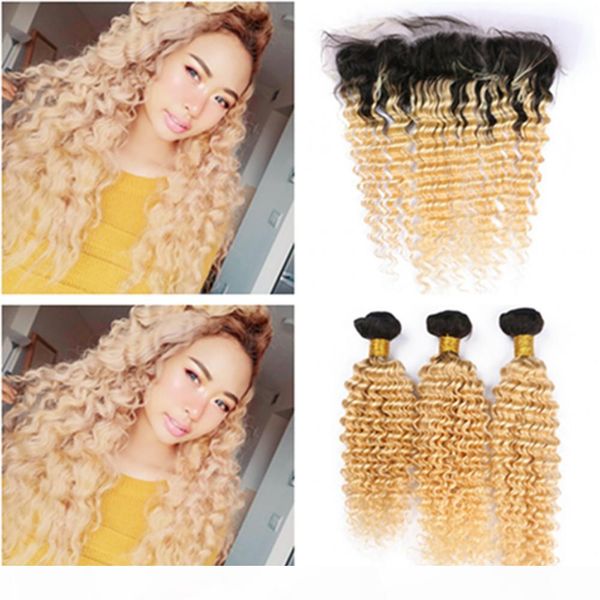 

deep wave 1b 613 ombre 13x4 full lace frontal closure with 3bundles blonde ombre brazilian human hair weaves extensions with lace frontal, Black;brown