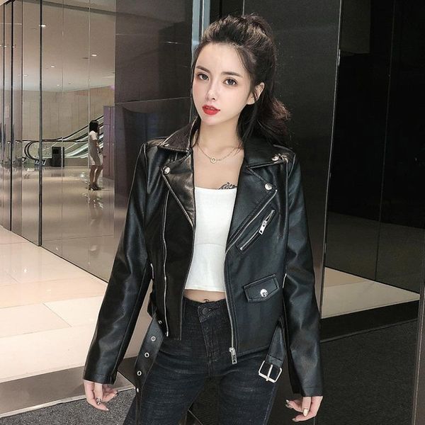 

women's jackets fall women pu leather jacket 2021 chic motorcycle woman winter clothes slim black, Black;brown