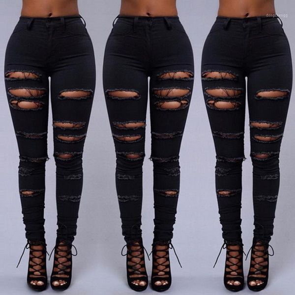 

new style women's slim fit buttock lifting with holes jeans women's skinny pants jeans plus size high waist casual1, Blue