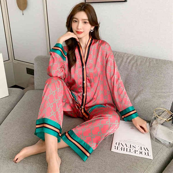 

design clothing new pink ancient ice printed pajamas women's imitation silk clothes net red thin style, White