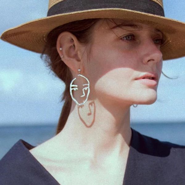 

Face dangling earring for women stainless steel gold texture funny drop earring cool unusual creative abstract line, Silver