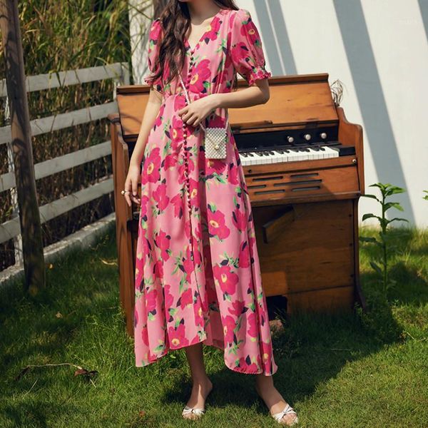 

boho beach style v neck high waist women dress korean flower print high waist dresses short sleeve female vestidos1, Black;gray