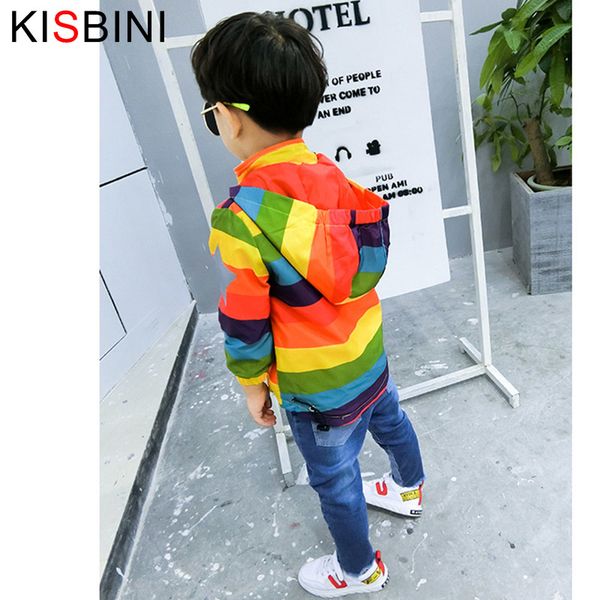 

kisbini boys girl jacket rainbow striped hooded zipper coats for kids children baby windbreaker outerwear toddler fleece coat 201104, Blue;gray