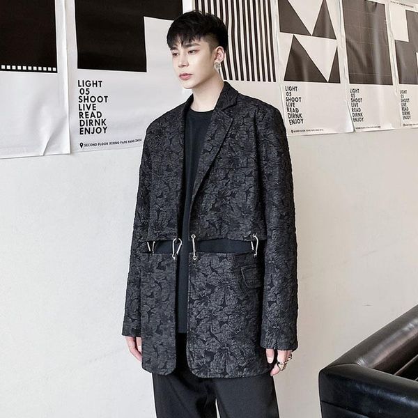 

new male streetwear vintage fashion suit coat outerwear men removable hem jacquard fabric loose casual suit blazers jacket1, White;black