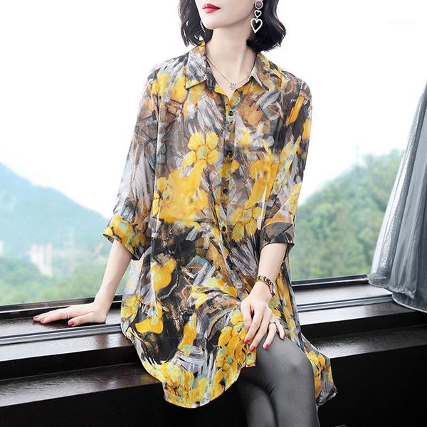 

2020 spring summer new loose long shirt fake silk print shirt women yellow red floral plus size 4xl long blouse1, White