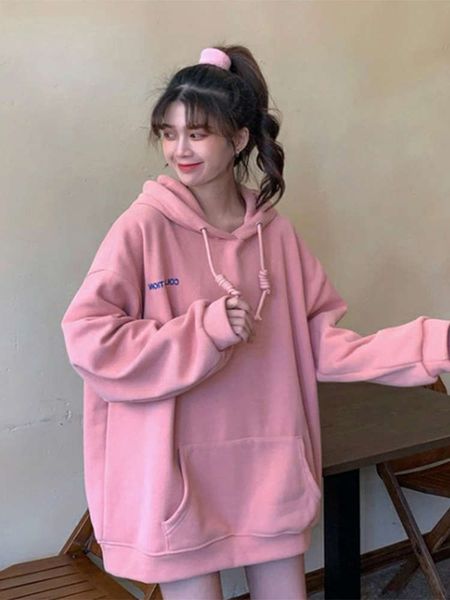

large size plush thickened age reducing foreign style pink hooded sweater women's new autumn / winter 2020 korean loose top, Black