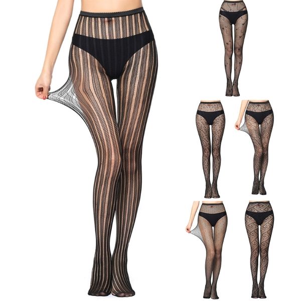 

women hollow out fishnet pantyhose geometric striped jacquard tights lace patterned mesh tattoo stockings leggings, Black;white