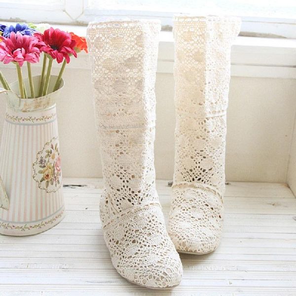 

lace women shoes spring autumn embroidered hollow out mid calf boots ladies low heels platform white boots big size botas mujer, Black