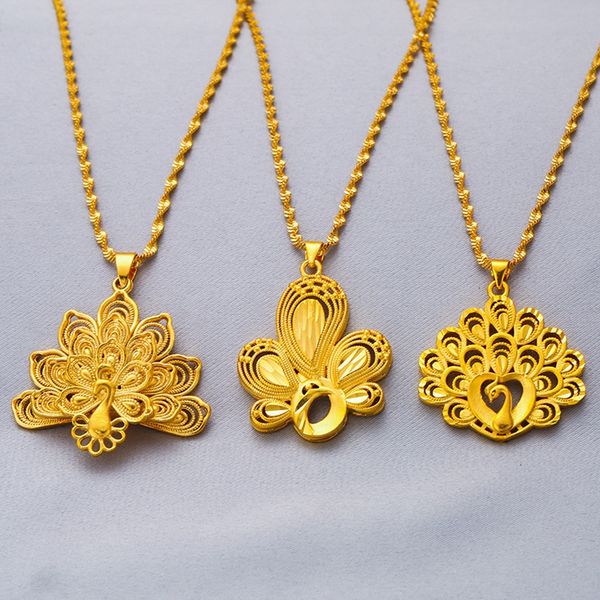 Collana con ciondolo pavone da donna, ragazza, vivido animale, regalo di gioielli con ciondolo in oro giallo 18 carati