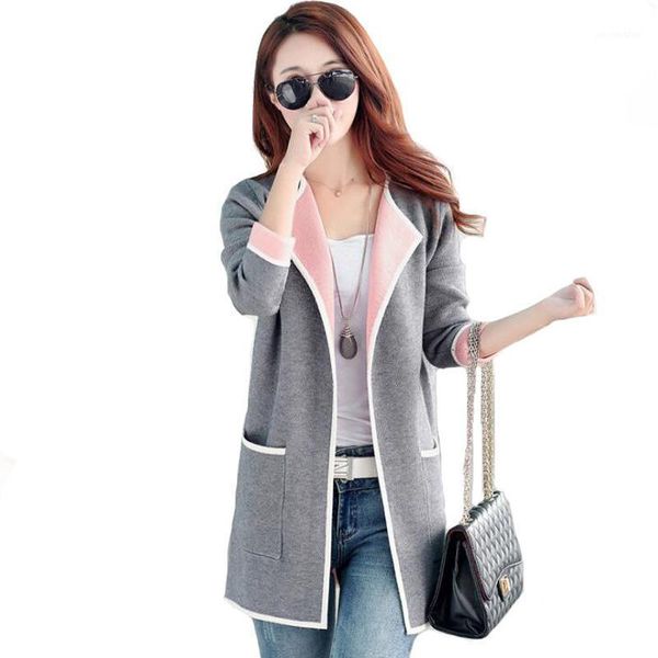 

women 's autumn coat grey /pink long trench coat big size knitted open stitch female trench windbreaker cardigan1, Tan;black