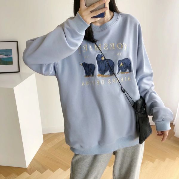 

2021 vintage bear embroidered women's jerseys harajuku streetwear casual long crewneck oversized hoodie fashion foch, Black