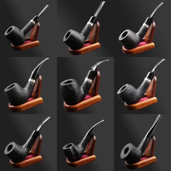 

43fgwood bog oak natural handmade wooden tobacco smoking pipe bowl silver plated ring pipes set with filters 16 tools durable