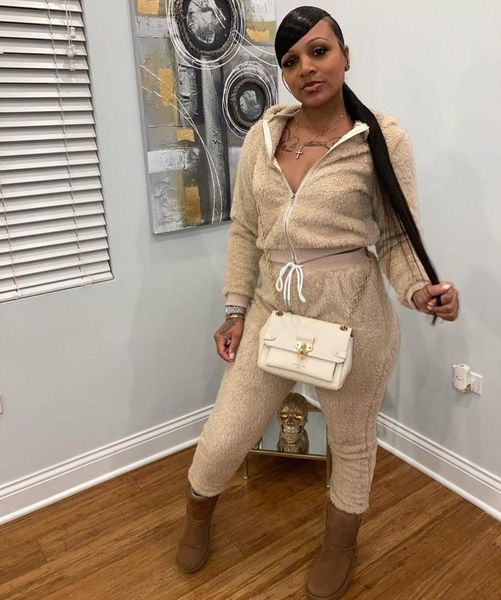 

vavcy 2021 winter thick pant women set solid hooded front zip up sweatshirt + pant warmth lounge, Gray