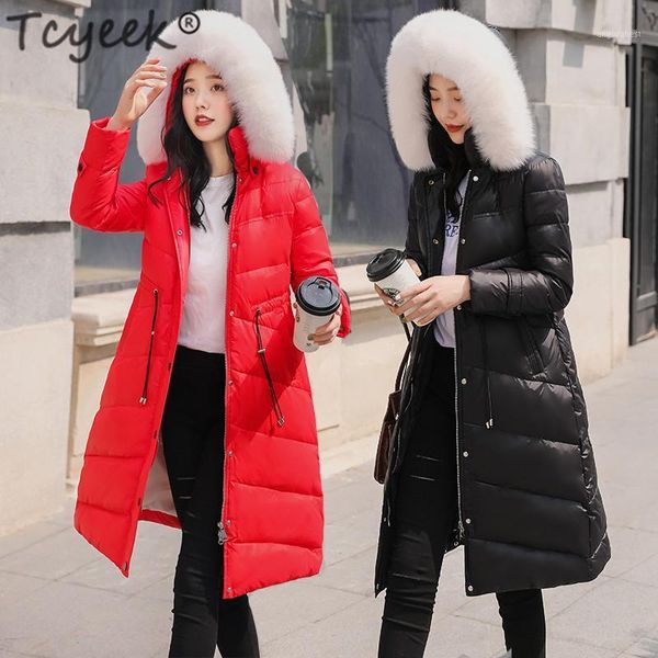 

tcyeek fashion women's down jacket+large fur hooded 2020 korean thick warm duck down coat female ladies long coat hiver 19051, Black