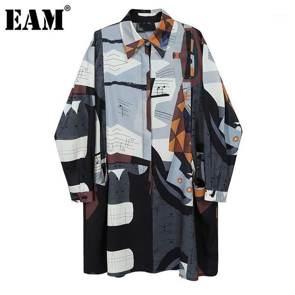 

eam] women pattern printed big size long shirt dress new lapel long sleeve loose fit fashion tide spring autumn 2020 1da2531, Black;gray