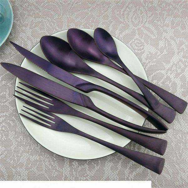 

7 14 28pcs matte purple dinnerware sets 18 10 stainless steel cutlery silverware set matte dinner steak knife service for 1 2 4 t200430