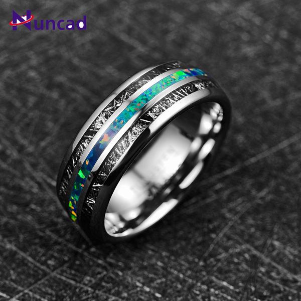 

wedding 8mm width men's 2019 band nuncad engagement inlaid black meteorite + green opal tungsten carbide ring c1005, Silver