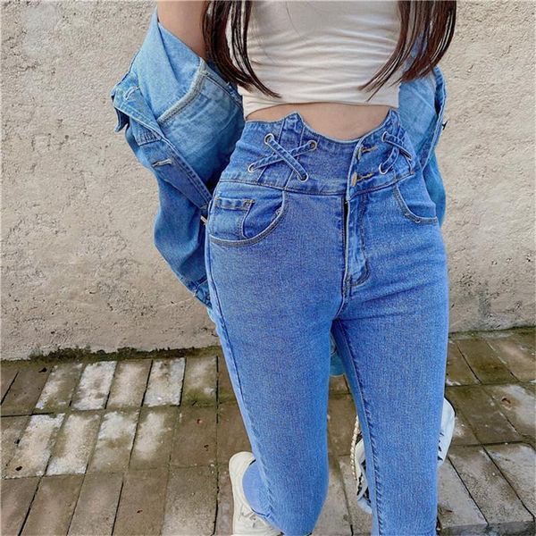 

women's jeans real s 2021 autumn women's fashion design sense high waist casual slim stretch nine points little feet jeans1, Blue