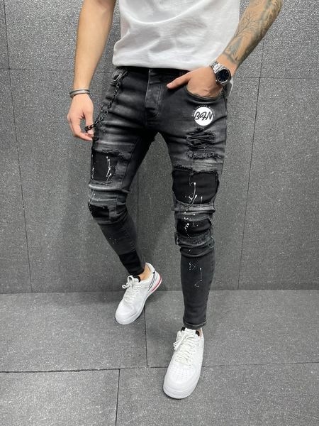 

2021 new men's skinny tear zipper hip hop jeans unofficial print letters z41b, Blue