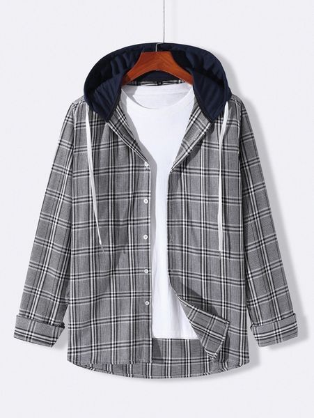 

men plaid drawstring hooded button front shirt b1am#, White;black