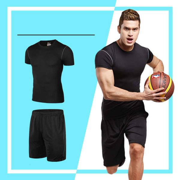 

tights summer drying fitness quick suit men's gym sports short sleeve shorts two piece set, Gray