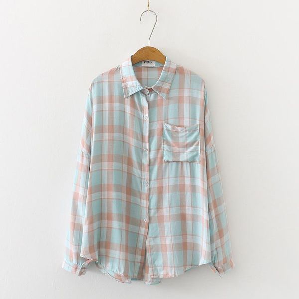 

2020 spring autumn new women long sleeve plaid shirts blouses casual office lady loose pocket blouse shirt, White