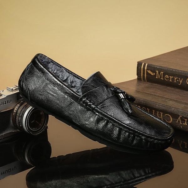 

winter shoes men flats tassel men's loafers plush casual shoes keep warm slip-on soft leather mens driving fur moccasins, Black