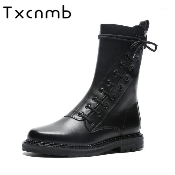 

txcnmb boots women mid-calf boots genuine leather autumn winter warm square heels round toe elegant lady shoes woman1, Black