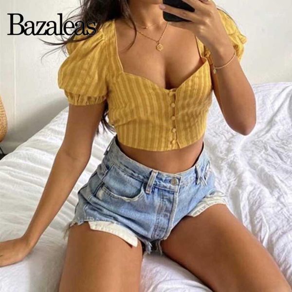 

bazaleas chic hollow out summer crop fashion center buttons cropped women blouse square neckline blouse1, White