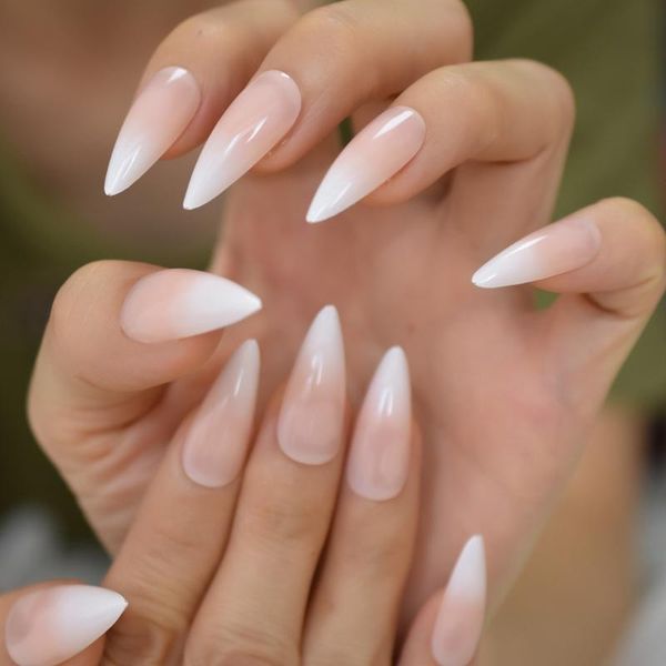 

extremely pointed faux ongles white ombre nude french nail tips long stiletto abs gel designed fingernail set 24 ct, Red;gold