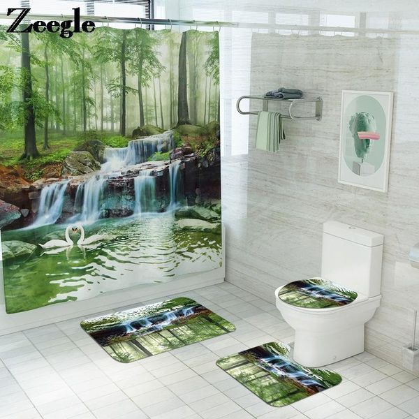 

bath mats green scenic pattern mat for bathroom with shower curtain non slip toilet room foot rugs1