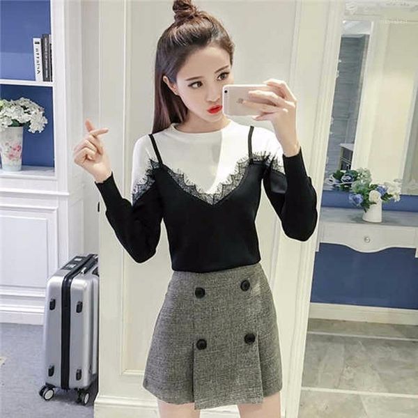

2020 spring and autumn korean women's sweet lace stitching straps fake two-piece slim sweater shirt student pullover sweater1, White;black