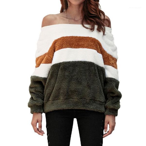 

nibesser women warm striped off shoulder sweatshirt fleece 2018 female autumn winter soft thick plush pullovers1, Black