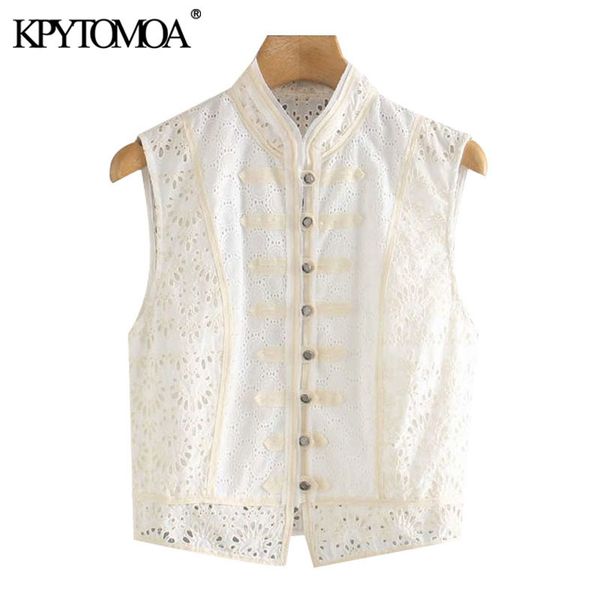 

kpytomoa women 2020 fashion cutwork embroidery button-up waistcoat vintage o neck sleeveless female vest coat chic 1023, Black;white