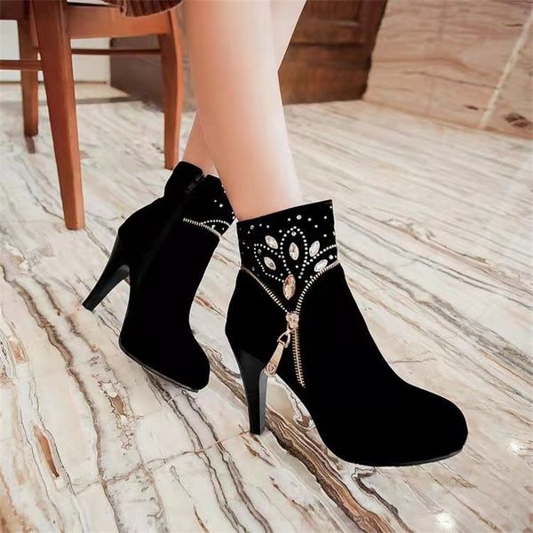 

designer shoes women high heels short boots 2021 autumn winter new short tube side zipper rhinestone single boots and bare bo, Black