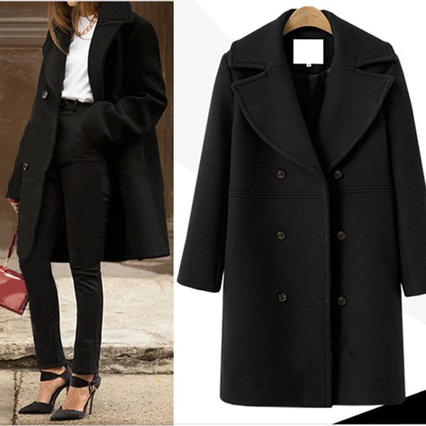 

women 2021 new winter oversized wool double-sided fashion jacket breasted streetwear mixtures female loose long coat jx7o, Black