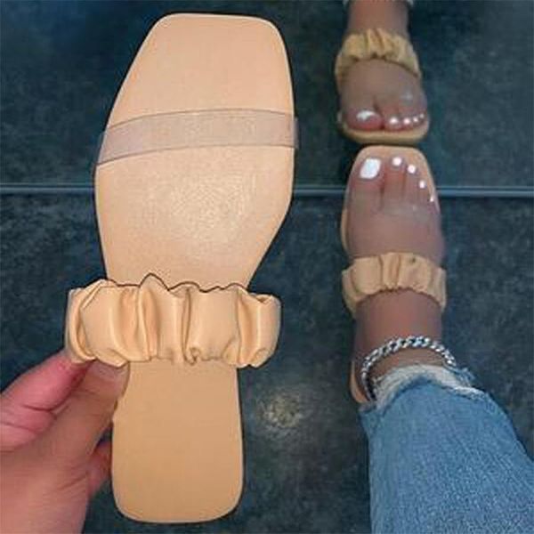 

slippers women pleated outdoor female summer 2021 ins slide ladies fashion square toe flat woman beach shoes plus size, Black