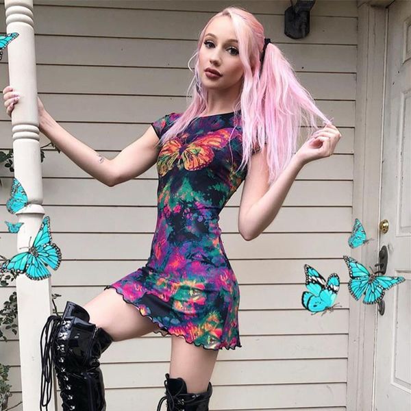 

tie dye butterfly print summer dresses for women party clubwear outfits double layer mesh mini dress cute vestidos, Black;gray