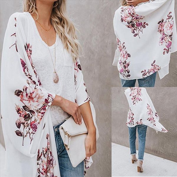 

plus size autumn retro floral kimono long sleeve chiffon blouse casual loose beach wear cover up shawl cardigan shirt women, White