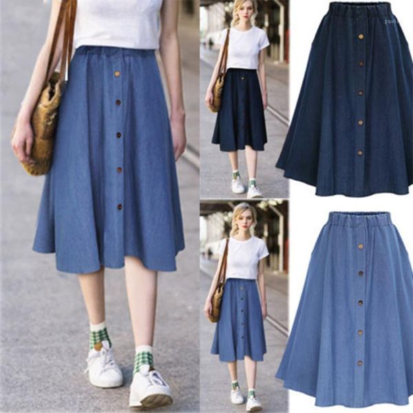 

vintage summer denim skirts women pleated knee length solid casual button elastic waist a-line harajuku jeans skirt kalenmos1, Black