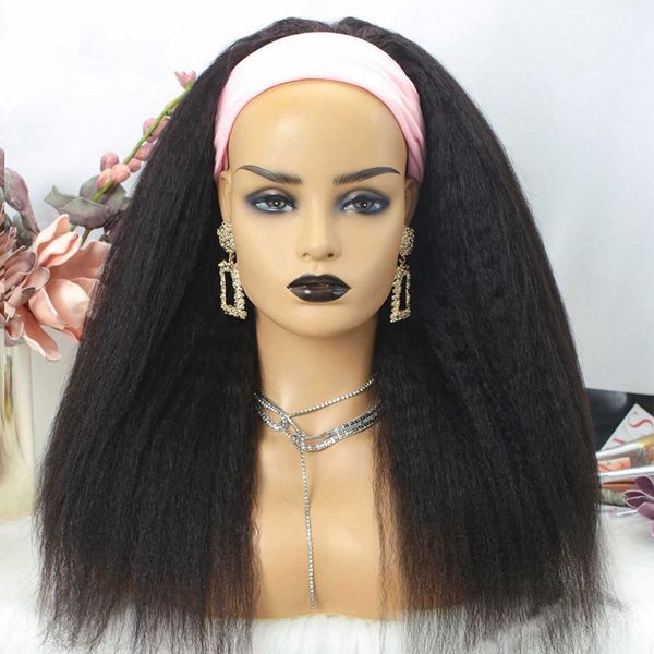

yaki straight headband wig human hair wigs with band glueless kinky straight full machine made headband wigs for women, Black;brown