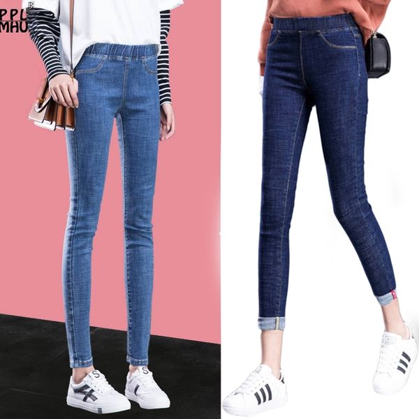 

casual street wear elastic waist skinny jeans student's slim waist pencil jeans stretch high waisted boyfriend jeans denim pants 201030, Blue